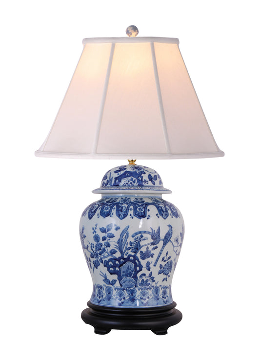 Blue and White Floral and Bird Temple Jar Table Lamp