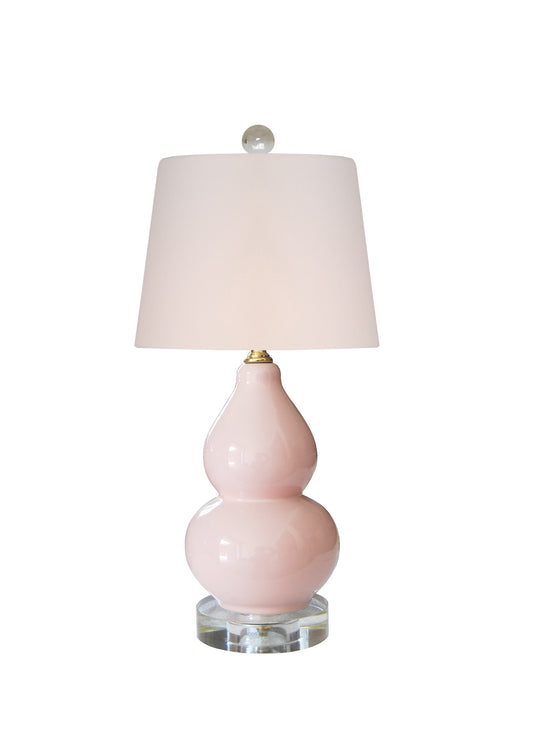 Lovely Blush Pink Petite Porcelain Gourd Table Lamp with Glass Crystal Base