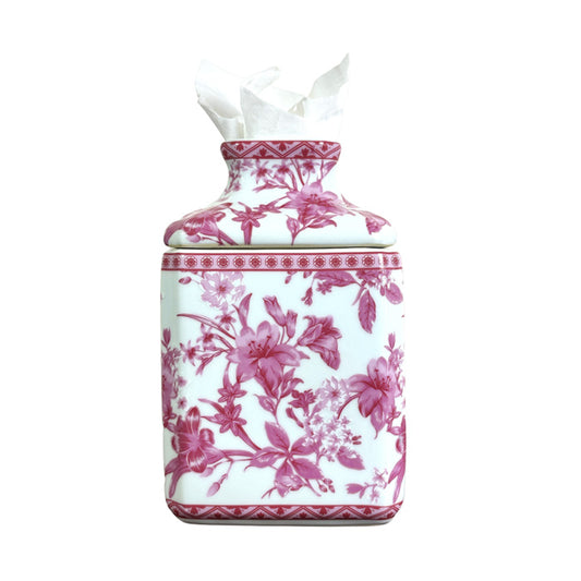 Pink and White Chinoiserie Porcelain Tissue Box Holder Cover