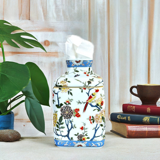 European Style Rose Floral Bird Porcelain Tissue Holder Box Cover