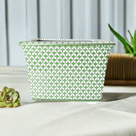 Green and White Rectangle Scale Wave Porcelain Cachepot Planter