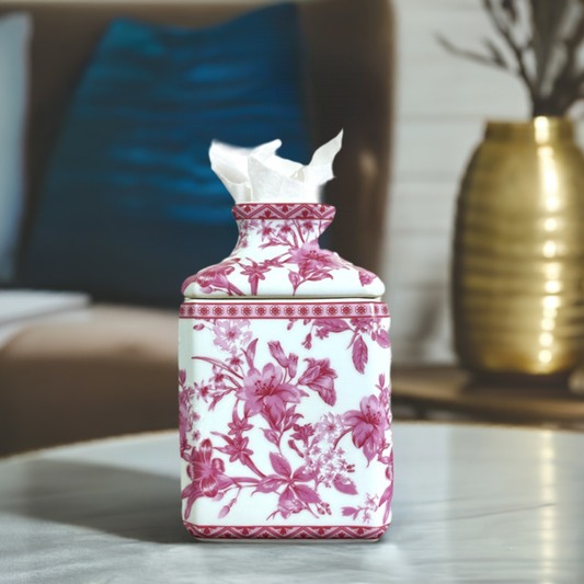 Pink and White Chinoiserie Porcelain Tissue Box Holder Cover