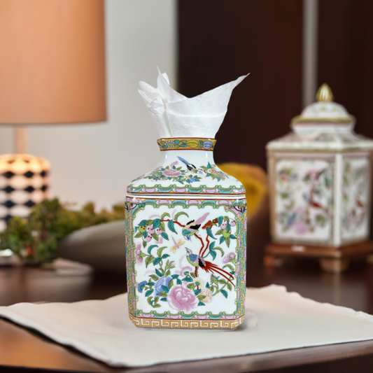 Rose Canton Chinoiserie Porcelain Tissue Box Holder Cover